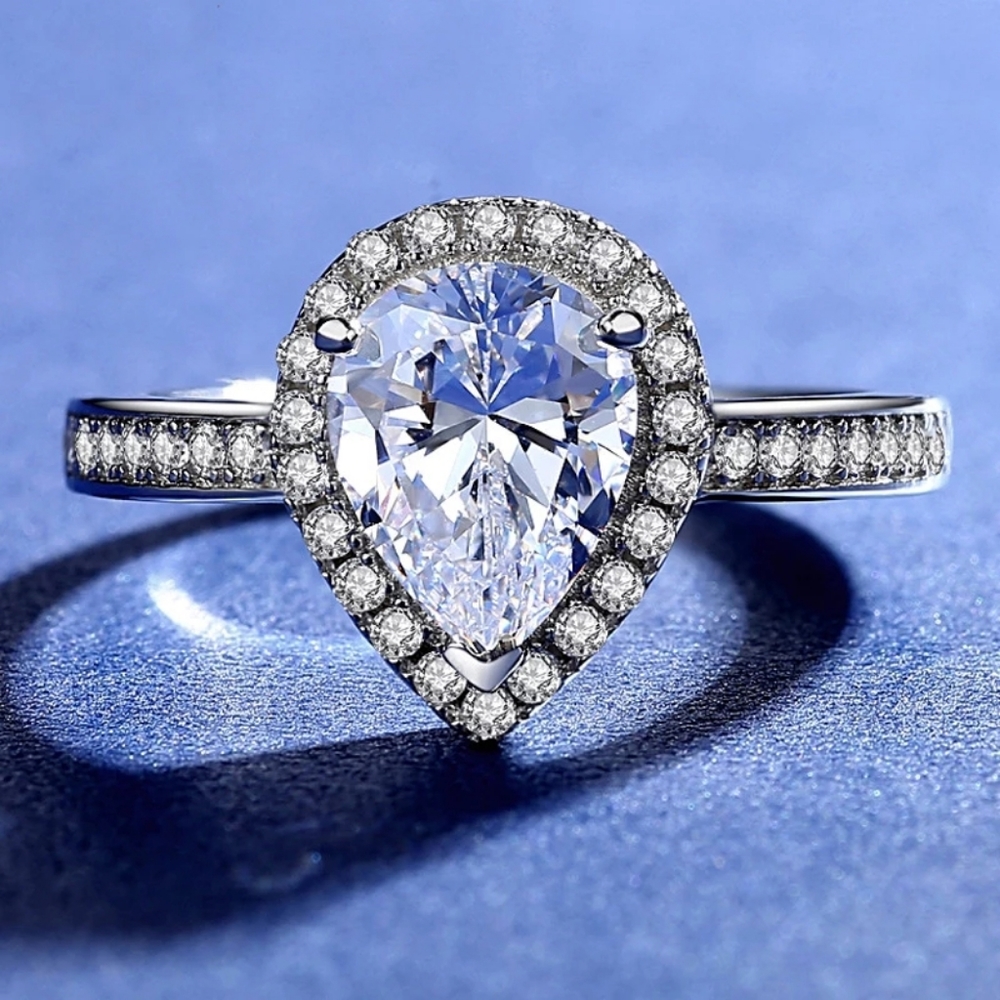 New Silver Engagement Water Drop Crystal Ring - Picture 2 of 2